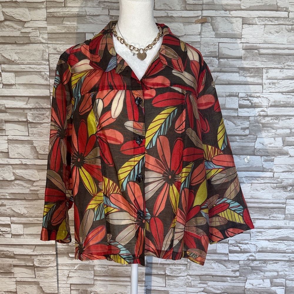 Erin XL Multicolor Floral Print Semi Sheer  Button-Up  Blouse